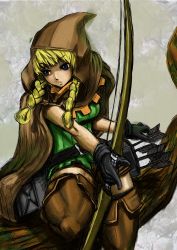 Rule 34 | 1girl, arrow (projectile), bad id, bad pixiv id, blonde hair, blue eyes, boots, bow (weapon), braid, breasts, cloak, dragon&#039;s crown, elf (dragon&#039;s crown), female focus, gloves, highres, hood, hooded cloak, solo, thigh boots, thighhighs, twin braids, vanillaware, weapon