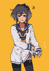 Rule 34 | 1girl, black pantyhose, blouse, chain, chain necklace, grey hair, highres, jewelry, kantai collection, lowleg, lowleg pantyhose, medium hair, necklace, orange background, pantyhose, parted lips, sailor collar, shirt, short hair with long locks, sidelocks, simple background, solo, sumoffu, thick eyebrows, thighhighs, tokitsukaze (kancolle), white shirt, yellow background
