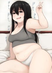 Rule 34 | 1girl, accio, bad id, bad pixiv id, bed, belly, black eyes, black hair, breasts, crop top, embarrassed, long hair, looking at viewer, medium breasts, messy hair, navel, open mouth, original, panties, plump, skindentation, smile, solo, stomach, sweat, tank top, underwear, underwear only, v, wavy mouth, white panties
