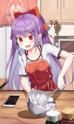 Rule 34 | 1girl, @ @, absurdres, ahoge, apple ringo, apron, blush, bow, brand name imitation, cellphone, collarbone, commentary, cream, hair bow, hair ornament, highres, holding, indoors, kitchen, long hair, microwave, open mouth, original, phone, purple hair, red apron, red bow, shirt, solo, white shirt, x hair ornament