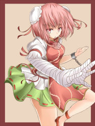 Rule 34 | 1girl, bad hands, bad perspective, bandages, bandaged arm, bun cover, chain, chinese clothes, cuffs, double bun, flower, hair bun, hair rings, houdukixx, ibaraki kasen, pink eyes, pink hair, pink rose, puffy sleeves, red footwear, ribbon, rose, shackles, shoes, short hair, solo, tabard, touhou