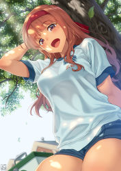 Rule 34 | 1girl, arm behind back, artist logo, bad id, bad pixiv id, blunt bangs, bra visible through clothes, bralines, character name, commentary request, cowboy shot, dappled sunlight, day, emblem, girls und panzer, gym shirt, gym shorts, gym uniform, half-closed eyes, hand on own head, headband, highres, long hair, looking at viewer, ooarai (emblem), open mouth, orange eyes, orange hair, outdoors, pairan, red headband, shirt, short sleeves, shorts, smile, solo, standing, sunlight, t-shirt, takebe saori, tree, white shirt