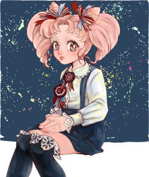 Rule 34 | 1girl, big hair, bishoujo senshi sailor moon, blue background, blue skirt, chibi usa, cone hair bun, double bun, earrings, hair bun, highres, jewelry, juliet sleeves, knees together feet apart, lace, lace-trimmed legwear, lace trim, long sleeves, looking at viewer, official alternate costume, own hands together, parted bangs, pink hair, puffy sleeves, red eyes, simple background, sitting, skirt, solo, stud earrings, suspenders, tezo (mokka mk), thighhighs, twintails, zettai ryouiki