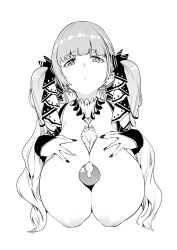 Rule 34 | 1girl, azur lane, black nails, breasts, cleavage, cum, earrings, erection, eyelashes, formidable (azur lane), greyscale, highres, inverted nipples, jewelry, kazuo daisuke, large breasts, long hair, looking at viewer, monochrome, nail polish, nipples, paizuri, penis, simple background, solo, solo focus, twintails, white background