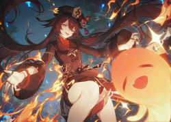 Rule 34 | 1girl, bead bracelet, beads, black hat, black shorts, blue fire, bracelet, brown hair, chinese clothes, closed eyes, fang, fire, flower, genshin impact, ghost, hat, highres, hu tao (genshin impact), jewelry, long sleeves, looking at viewer, night, night sky, outstretched arms, red eyes, red flower, ring, shorts, sky, smile, solo, sparkle, spread arms, symbol-shaped pupils, tailcoat, tongue, tongue out, tree, twintails, zhiyan li