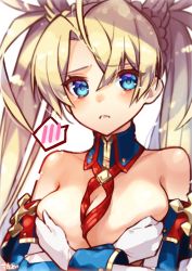 Rule 34 | 1girl, bad id, bad pixiv id, bare shoulders, blonde hair, blue eyes, blush, bradamante (fate), bradamante (first ascension) (fate), braid, breast hold, breasts, covering privates, covering breasts, elbow gloves, fate/grand order, fate (series), french braid, gloves, hair between eyes, highres, leotard, leotard pull, long hair, looking at viewer, medium breasts, open mouth, solo, twintails, utayoi (umakatare)