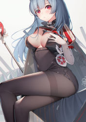 Rule 34 | 1girl, absurdres, artist name, azur lane, black pantyhose, black skirt, blunt bangs, blush, breasts, cleavage, closed mouth, covered navel, cross, crossed legs, elbow gloves, feet out of frame, gloves, hand on own chest, heart, high-waist skirt, highres, jean.organ, large breasts, marco polo (azur lane), mole, mole under eye, neck garter, pantyhose, puffy short sleeves, puffy sleeves, short sleeves, silver hair, skirt, solo, staff, thighband pantyhose, thighs, turret, underbust, white gloves