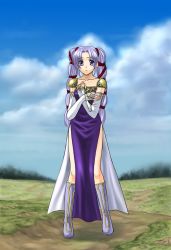 Rule 34 | 1girl, 74, boots, detached sleeves, dress, fire emblem, fire emblem: genealogy of the holy war, frown, long hair, multi-tied hair, nintendo, purple eyes, purple hair, side slit, solo, tine (fire emblem), twintails