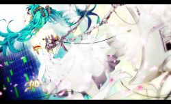 Rule 34 | akiakane, aqua hair, blurry, boots, depth of field, foreshortening, from behind, hatsune miku, high heels, letterboxed, long hair, mechanical wings, music, nail polish, open mouth, profile, screen, shoes, singing, solo, tagme, twintails, vocaloid, wings