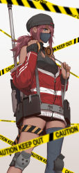 Rule 34 | 1girl, aged up, alternate universe, asymmetrical legwear, beanie, blue eyes, caution tape, cleavage cutout, clothing cutout, dishwasher1910, english text, gun, hair ribbon, hat, headphones, headphones around neck, highres, jacket, unworn jacket, knee pads, mask, may zedong, mouth mask, red hair, ribbon, rifle, rwby, sniper rifle, solo, suspenders, thighhighs, thighs, uneven legwear, weapon