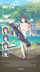 Rule 34 | @ @, absurdres, black hair, blue archive, commentary, english commentary, english text, grey halo, halo, hat, hat on back, highres, holding, holding weapon, leaf, leaf on head, leaf print, miyu (blue archive), miyu (swimsuit) (blue archive), official alternate costume, official art, ribbon, starfish, straw hat, swimsuit, weapon, weapon case, white ribbon