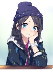 Rule 34 | 1girl, arm support, beanie, black hair, black jacket, blue eyes, blue hat, blush stickers, braid, closed mouth, commentary request, hair over shoulder, hat, head in hand, head rest, idolmaster, idolmaster shiny colors, jacket, long hair, long sleeves, low twintails, mitsumine yuika, open clothes, open jacket, pink shirt, shirt, smile, solo, spikes, tsuezu, twin braids, twintails, upper body, watch, wristwatch