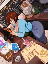 Rule 34 | 1girl, apron, ass, breasts, brown eyes, brown hair, cellphone, denim, drink, ear piercing, highres, huge ass, huge breasts, jeans, lightsource, pants, phone, piercing, plump, purin (lightsource), solo, thick eyebrows, thick thighs, thighs