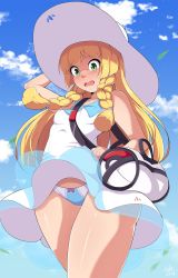 Rule 34 | 1girl, arm up, bag, blue sky, bow, bow panties, braid, breasts, cloud, creatures (company), day, dress, duffel bag, embarrassed, exlic, game freak, green eyes, hat, highres, lillie, lillie (pokemon), long hair, nintendo, open mouth, panties, pantyshot, poke ball theme, pokemon, pokemon sm, skirt, sky, sleeveless, sleeveless dress, small breasts, solo, thighs, twin braids, underwear, upskirt, wavy mouth, white dress, white hat, wind, wind lift