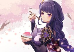 Rule 34 | 1girl, artist name, braid, bridal gauntlets, cherry blossoms, eating, food, from side, genshin impact, hair ornament, highres, holding, holding spoon, japanese clothes, long hair, looking at viewer, low-braided long hair, low-tied long hair, purple eyes, raiden shogun, reia hana, shaved ice, solo, spoon, upper body