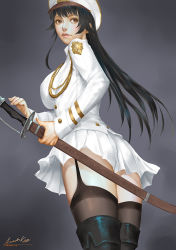 Rule 34 | 1girl, ariverkao, black hair, boots, breasts, brown eyes, closed mouth, cowboy shot, dated, from behind, from below, garter straps, hat, large breasts, lips, long hair, looking back, military, military uniform, original, signature, simple background, solo, standing, thigh boots, thighhighs, thighhighs under boots, uniform