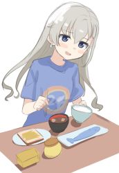 Rule 34 | 1girl, :d, blue eyes, blue shirt, blush stickers, bowl, bread, chopsticks, commentary request, earrings, fish, food, grey hair, hair between eyes, highres, hisakawa hayate, holding, holding bowl, holding chopsticks, idolmaster, idolmaster cinderella girls, idolmaster cinderella girls starlight stage, jewelry, long hair, looking at viewer, open mouth, rice, rice bowl, shirt, shiwa (siwaa0419), short sleeves, simple background, smile, solo, soup, table, upper body, very long hair, white background