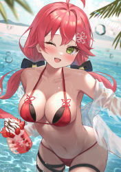 Rule 34 | 1girl, ;d, absurdres, ahoge, bikini, blush, breasts, cleavage, collarbone, cup, dessert, dodota, dot nose, food, fruit, green eyes, hair between eyes, hair ornament, hairclip, halterneck, highres, holding, holding cup, hololive, ice cream, ice cream float, long hair, looking at viewer, low twintails, medium breasts, navel, ocean, one eye closed, open mouth, outdoors, pink hair, red bikini, revision, sakura miko, smile, solo, strawberry, string bikini, swimsuit, thigh strap, twintails, virtual youtuber, water, wet