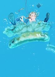 Rule 34 | 1girl, absurdres, blue background, blue dress, book, brown hair, bubble, diving mask, dress, drinking straw, flippers, floating hair, goggles, head rest, highres, looking at viewer, lying, medium hair, on stomach, open book, original, riding, sea anemone, sea slug, umishima senbon, underwater, water