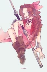 Rule 34 | 1girl, aerith gainsborough, boots, bracelet, braid, brown hair, choker, curly hair, dress, final fantasy, final fantasy vii, full body, green eyes, highres, jacket, jewelry, long hair, necklace, nobu (25mark), pink dress, pocket, red jacket, ringlets, solo, square enix, staff