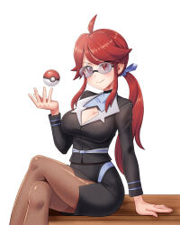 Rule 34 | 1girl, ahoge, arm support, blush, breasts, brown pantyhose, cleavage, closed mouth, commentary request, creatures (company), crossed legs, desk, els (ljhlee12), game freak, glasses, hand up, jacket, knees, large breasts, long hair, long legs, lorelei (pokemon), medium breasts, nintendo, on desk, pantyhose, pencil skirt, poke ball, poke ball (basic), pokemon, pokemon lgpe, ponytail, red hair, side slit, sidelocks, sitting, on desk, skirt, smile, white background