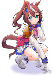 Rule 34 | 1girl, absurdres, ascot, asymmetrical gloves, black gloves, blue eyes, blue jacket, blue skirt, boots, bow, brown hair, buttons, cape, double-breasted, ear piercing, epaulettes, full body, gloves, hair bow, hair flaps, high ponytail, highres, horse girl, jacket, jtleeklm, knee boots, long hair, long sleeves, looking at viewer, mismatched gloves, multicolored clothes, multicolored hair, multicolored jacket, piercing, pink ascot, pink bow, pleated skirt, red cape, simple background, single epaulette, skirt, smile, solo, squatting, streaked hair, tokai teio (umamusume), two-tone hair, two-tone jacket, two-tone skirt, umamusume, white background, white footwear, white gloves, white hair, white jacket, white skirt