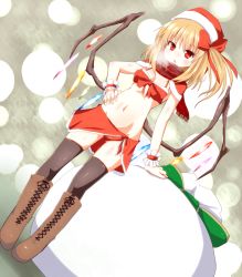 Rule 34 | 1girl, bikini, black thighhighs, blonde hair, boots, capelet, cross-laced footwear, crystal, dutch angle, flandre scarlet, full body, lace-up boots, looking at viewer, misoshiru (meridianchild312), navel, open mouth, overskirt, red bikini, red eyes, sarong, scarf, side ponytail, snowing, snowman, solo, swimsuit, thighhighs, touhou, wings, wrist cuffs