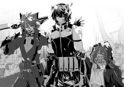 Rule 34 | 1girl, 2boys, :d, ;d, animal ears, arknights, broca (arknights), cat boy, cat ears, chiave (arknights), closed eyes, crossed bangs, fangs, fingerless gloves, flint (arknights), fox boy, fox ears, fox tail, gloves, goggles, goggles around neck, hair between eyes, height difference, holding, hood, hood up, iwashi 80, jacket, long hair, material growth, multiple boys, one eye closed, open mouth, oripathy lesion (arknights), patting back, pouch, rope, sharp teeth, shirt, smile, tail, teeth, unamused, upper teeth only