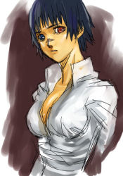 Rule 34 | 1girl, ashiomi masato, black hair, blue eyes, breasts, capcom, devil may cry (series), devil may cry 3, dress shirt, female focus, heterochromia, lady (devil may cry), lowres, red eyes, scar, shirt, short hair, solo, white background, white shirt