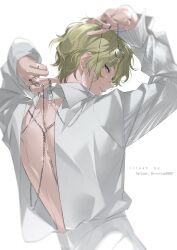Rule 34 | 1boy, backless outfit, backless shirt, chain, collared shirt, ensemble stars!, from behind, green hair, hair between eyes, hands up, highres, holding, holding chain, jewelry, light smile, looking at viewer, looking back, male focus, multiple rings, o-ring, pants, parted lips, purple eyes, ring, rrr (reason), shirt, short hair, shoulder blades, simple background, sleeves past wrists, solo, tomoe hiyori, twitter username, upper body, wavy hair, white background, white pants, white shirt