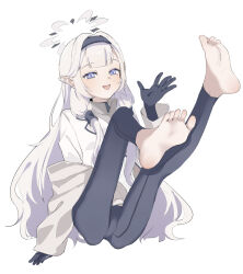 Rule 34 | 1girl, absurdres, barefoot, blue archive, blue eyes, feet, hairband, highres, himari (blue archive), inchore, long hair, looking at viewer, open mouth, pointy ears, soles, toes, white hair