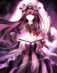 Rule 34 | 1girl, bad id, bad pixiv id, book, cape, coat, crescent, dress, gradient background, hair ribbon, hat, highres, jan (lightdragoon), long hair, long sleeves, looking at viewer, mob cap, open book, open clothes, open coat, patchouli knowledge, purple eyes, purple hair, ribbon, solo, striped clothes, striped dress, touhou, tress ribbon, very long hair, wide sleeves
