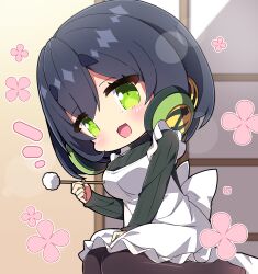 Rule 34 | 1girl, :d, absurdres, apron, black hair, blush, brown pantyhose, chibi, commentary request, frilled apron, frills, green eyes, green sweater, hair between eyes, headphones, headphones around neck, highres, holding, indoors, kyoumachi seika, looking at viewer, milkpanda, mimikaki, notice lines, open mouth, pantyhose, ribbed sweater, short hair, sitting, smile, solo, sweater, turtleneck, turtleneck sweater, voiceroid, wariza, white apron