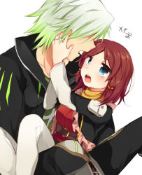 Rule 34 | 10s, 1boy, 1girl, belt, blue eyes, blush, boots, breasts, coat, dezel (tales), frills, green hair, hair ornament, heart, hood, jacket, multicolored hair, open mouth, pants, red hair, rose (tales), scarf, short hair, simple background, tales of (series), tales of zestiria