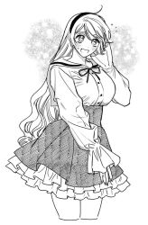 Rule 34 | 07newb pochip, 1girl, :d, ahoge, black hairband, blush, breasts, dress, frilled dress, frills, greyscale, hairband, hand in own hair, hand on own head, hand up, large breasts, long hair, long sleeves, monochrome, open mouth, original, ribbon, sailor collar, sleeves past wrists, smile, sweatdrop, swept bangs, thighs, upper body, very long hair, white background