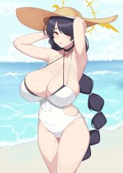 Rule 34 | 1girl, absurdres, armpits, arms up, bare shoulders, beach, bikini, black bikini, black hair, blue archive, blue sky, blush, braid, braided ponytail, breasts, cameltoe, choker, cleavage, cleft of venus, clothing cutout, collarbone, covered erect nipples, covered navel, cowboy shot, criss-cross halter, cross, curvy, day, double bikini, flower, hair over one eye, halo, halterneck, hat, hat flower, highleg, highres, hinata (blue archive), hinata (swimsuit) (blue archive), huge breasts, long hair, looking at viewer, ocean, official alternate costume, one-piece swimsuit, one eye covered, open mouth, outdoors, red eyes, side cutout, skindentation, sky, solo, standing, sun hat, sweat, swimsuit, thighs, very long hair, water, wet, white one-piece swimsuit, wide hips, yellow halo, yellow hat, zb (xucz8527)