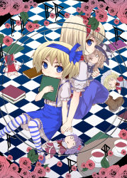 Rule 34 | 2girls, alice margatroid, alice margatroid (pc-98), back-to-back, blonde hair, blue eyes, book, boots, capelet, character doll, checkered background, cup, dual persona, female focus, flower, hakurei reimu, kirisame marisa, maid, multiple girls, mystic square, pink flower, pink rose, rose, saucer, shinki (touhou), skirt, striped clothes, striped legwear, striped thighhighs, suspenders, teacup, thighhighs, time paradox, touhou, touhou (pc-98), urara (ckt), yumeko (touhou)