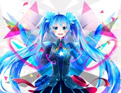 Rule 34 | 1girl, :d, black dress, black gloves, blue eyes, blue hair, dress, elbow gloves, finger frame, gloves, hatsune miku, lace-up top, long hair, looking at viewer, open mouth, shirayuki towa, smile, solo, star (symbol), twintails, upper body, very long hair, vocaloid