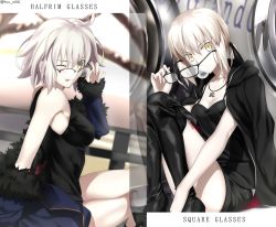 Rule 34 | 2girls, artoria pendragon (all), artoria pendragon (fate), bare shoulders, black camisole, black dress, black footwear, black jacket, black ribbon, black shorts, blonde hair, blue coat, boots, breasts, blowing bubbles, camisole, chewing gum, cleavage, coat, collarbone, crossed legs, dress, fate/grand order, fate (series), foo (pixiv54892036), fur-trimmed coat, fur trim, glasses, hair ribbon, highres, jacket, jacket on shoulders, jeanne d&#039;arc (fate), jeanne d&#039;arc alter (fate), jeanne d&#039;arc alter (ver. shinjuku 1999) (fate), jewelry, knee boots, large breasts, long hair, long sleeves, looking at viewer, low ponytail, multiple girls, necklace, off shoulder, official alternate costume, official style, one eye closed, open clothes, open coat, open jacket, ribbon, saber alter, saber alter (ver. shinjuku 1999) (fate), short dress, short hair, short shorts, shorts, sidelocks, silver hair, sitting, small breasts, smile, squatting, thighs, wicked dragon witch ver. shinjuku 1999, yellow eyes