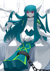 Rule 34 | 1girl, bed, chain, chained, colored skin, eyelashes, green hair, highres, hitotose9, long hair, mega man (series), mega man battle network, mega man battle network (series), on bed, own hands together, playing with hair, red eyes, sitting, slur.exe (mega man), smile, solo focus, white skin