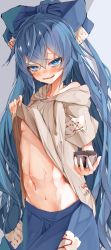 Rule 34 | 1girl, absurdres, blue hair, hair between eyes, highres, long hair, looking at viewer, open mouth, smile, solo, stomach, touhou, tsune (tune), wavy mouth, yorigami shion