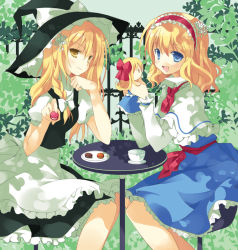 Rule 34 | 2girls, alice margatroid, bad id, bad pixiv id, blonde hair, cup, doll, female focus, food, garden, hairband, happy, hat, kirisame marisa, mizuse kiseki, multiple girls, shanghai doll, sitting, smile, table, teacup, touhou, witch, witch hat