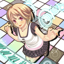 Rule 34 | 1girl, :3, blonde hair, blush, bob cut, breasts, brown hair, cleavage, foreshortening, frills, from above, instrument, jewelry, keyboard, lipstick, looking up, makeup, miniskirt, multicolored hair, nail polish, necklace, open mouth, orange nails, original, piano keys, red eyes, short hair, skirt, smile, solo, terumii, two-tone hair