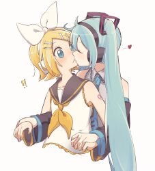 Rule 34 | !, 2girls, aqua hair, bare shoulders, black sailor collar, black sleeves, blonde hair, blue eyes, blush, bow, closed eyes, collarbone, commentary, crop top, cropped torso, detached sleeves, grey shirt, hair bow, hair ornament, hatsune miku, headphones, heart, highres, holding hands, kagamine rin, kiss, long hair, looking at another, m0ti, multiple girls, neckerchief, sailor collar, shirt, short hair, shoulder tattoo, sleeveless, sleeveless shirt, surprise kiss, surprised, swept bangs, tattoo, twintails, upper body, very long hair, vocaloid, white background, white bow, white shirt, yellow neckerchief, yuri