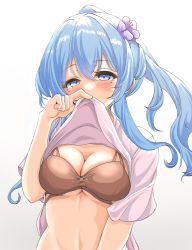 Rule 34 | 1girl, bikini, bikini under clothes, blue eyes, blue hair, breasts, brown bikini, cleavage, clothes lift, commentary request, gotland (kancolle), highres, kantai collection, kasashi (kasasi008), large breasts, lifted by self, long hair, looking at viewer, mole, mole under eye, one-hour drawing challenge, ponytail, shirt lift, simple background, solo, swimsuit, swimsuit under clothes, upper body, white background