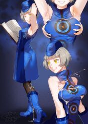 Rule 34 | 1boy, 1girl, :q, arm behind head, arm up, armpit sex, armpits, artist name, bare shoulders, black pantyhose, blue background, blue dress, blue gloves, book, boots, breasts, cheeso art, commentary, corrupted twitter file, cum, cum on armpits, cum on body, cum on breasts, cum on clothes, cum on upper body, dress, elizabeth (persona), english commentary, field cap, from side, full body, gloves, grabbing, grabbing another&#039;s breast, groping, hat, high heel boots, high heels, highres, holding, holding book, looking at viewer, looking back, pantyhose, penis, persona, persona 3, presenting armpit, short hair, sleeveless, sleeveless dress, smile, solo, standing, tongue, tongue out, uncensored, white hair, yellow eyes