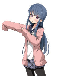 Rule 34 | 1girl, :o, aikawa ryou, black pantyhose, black sailor collar, blue hair, blue skirt, blush, brown cardigan, cardigan, commentary request, cowboy shot, dressing, hair down, highres, long hair, long sleeves, neckerchief, open cardigan, open clothes, outstretched arm, pantyhose, parted lips, pleated skirt, purple eyes, sailor collar, school uniform, serafuku, shima rin, shirt, simple background, skirt, sleeves past fingers, sleeves past wrists, solo, standing, very long hair, white background, white neckerchief, white shirt, yurucamp