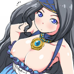 Rule 34 | 10s, 1girl, ^^^, bare shoulders, black hair, blue eyes, breasts, cleavage, clueless, collarbone, downblouse, female focus, from above, granblue fantasy, headband, jewelry, large breasts, long hair, looking at viewer, looking up, necklace, nipple slip, nipples, no bra, shiny skin, shirihime, sig (granblue fantasy), simple background, solo, upper body, wardrobe malfunction, white background