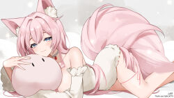 Rule 34 | 1girl, animal ears, bare shoulders, breasts, choker, closed mouth, collarbone, commission, detached sleeves, food, fox ears, fox girl, fox tail, fruit, grey eyes, highres, indie virtual youtuber, k (art71), long hair, lying, mochiimochii (vtuber), on stomach, pink hair, pink tail, skeb commission, solo, sparkle, strawberry, stuffed toy, tail, thank you, twitter username, virtual youtuber, white choker, white sleeves