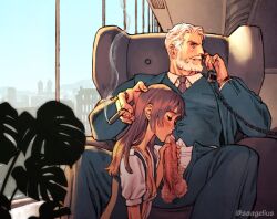 Rule 34 | 1boy, 1girl, age difference, beard, blue jacket, blue pants, blush, breasts, chair, chloe (saagelius), cigar, corded phone, facial hair, fellatio, formal, hand on another&#039;s head, holding, holding cigar, holding phone, jacket, jean (saagelius), jewelry, long hair, male pubic hair, medium breasts, mustache, necktie, oral, original, pants, penis, phone, pubic hair, purple necktie, red hair, ring, saagelius, suit, suit jacket, talking on phone, three-piece suit, uncensored, veins, veiny penis, white hair, window